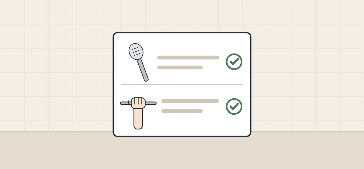 Illustration of a specification card with two ticked rows, one for a hand shower and one for a hand gripping a bar