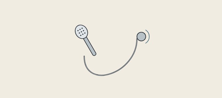 Illustration: a hand shower on a long hose with a swivel connection