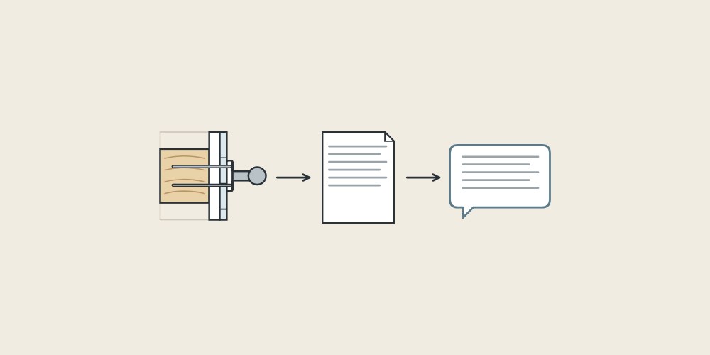 Illustration of a wall section with a bar, a document and a message bubble linked by arrows