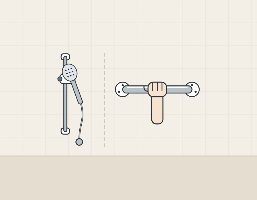 Illustration of a thin slide bar holding a hand shower beside a thicker horizontal grab bar gripped by a hand