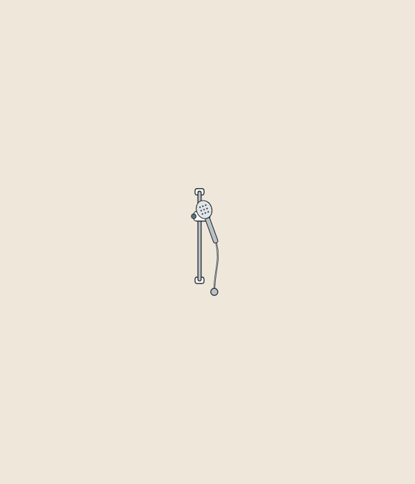Illustration of a thin vertical slide bar with a sliding holder, a hand shower and a hose to a wall outlet