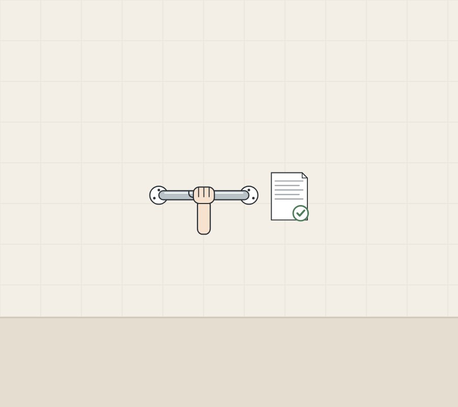 Illustration of a grab bar gripped by a hand, beside a ticked maker’s document