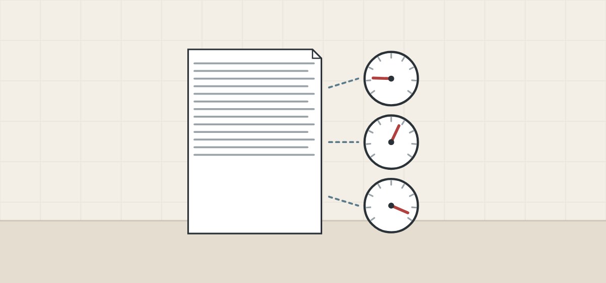 Illustration of a data sheet linked to three gauges whose needles sit low, in the middle and high
