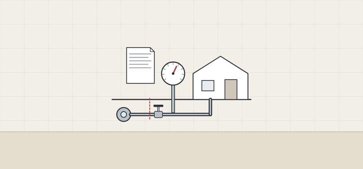 Illustration of a water main, a service pipe with a stop valve and gauge at the boundary, a house and a rule document