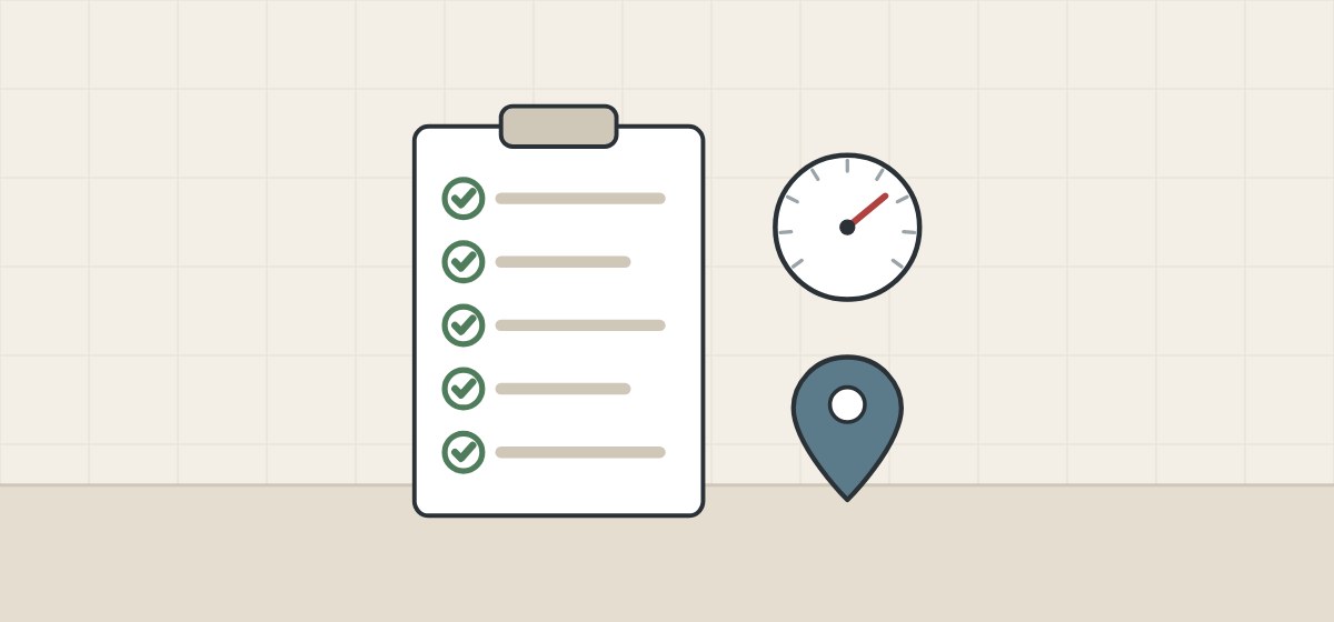 Illustration of a clipboard with ticked lines beside a gauge and a location pin