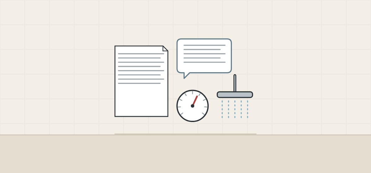Illustration of a document, a message bubble, a gauge and a shower head