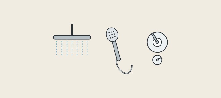 Illustration: an overhead shower, a hand shower on a hose and a two-control wall plate