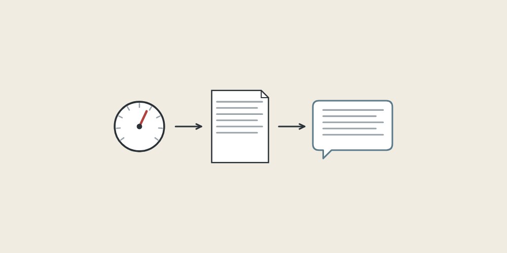 Illustration of a gauge, a document and a message bubble linked by arrows