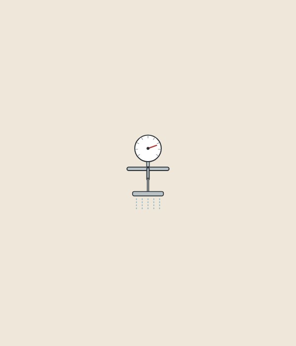 Illustration of a pressure gauge on a supply pipe above a running shower head