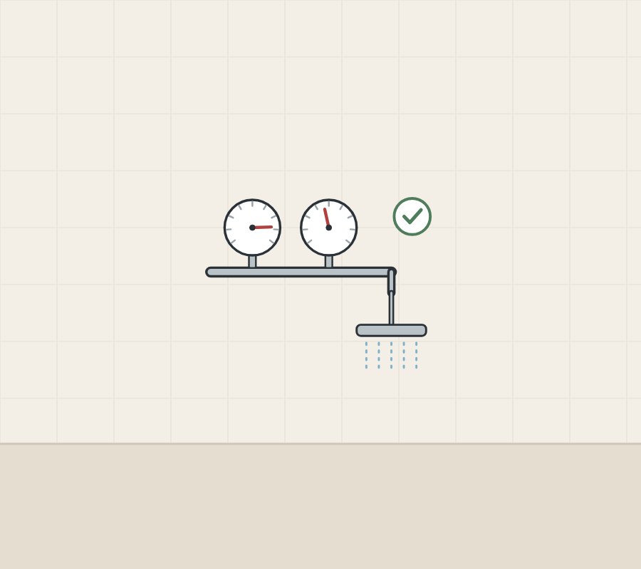 Illustration of a supply pipe with two gauges reading differently, a shower head and a tick