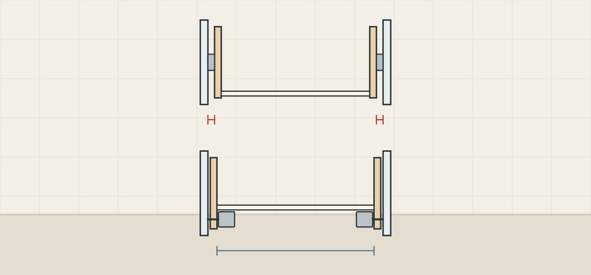 Illustration of a box on side slides with the side gaps marked above a box on runners with its inside width marked