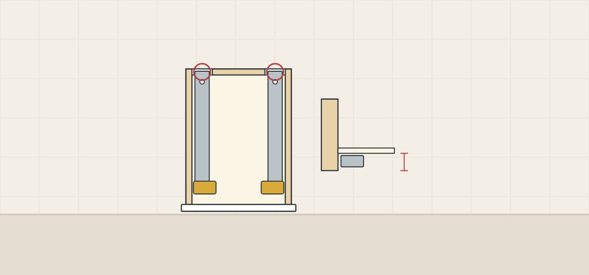 Illustration of a drawer box seen from below with runners, rear notches and front devices, beside a side section with the bottom set up
