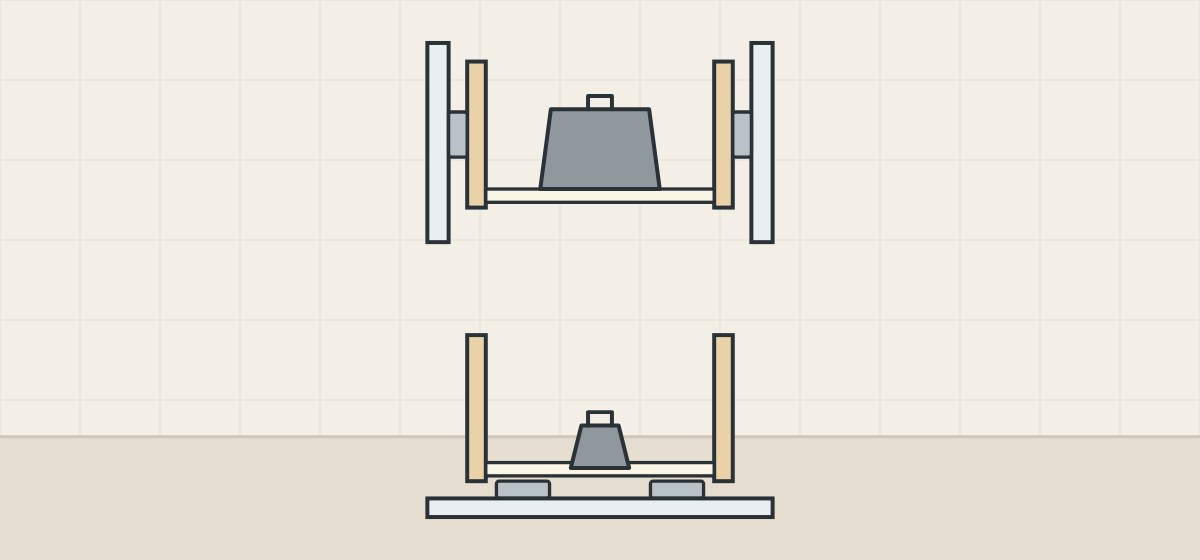 Illustration of a box on slides standing on edge carrying a large weight above a box on slides laid flat carrying a smaller weight