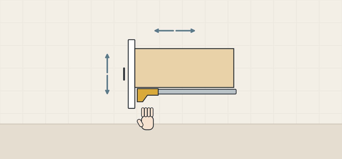 Illustration of a drawer on a runner with a device under its front corner, a hand below and adjustment arrows