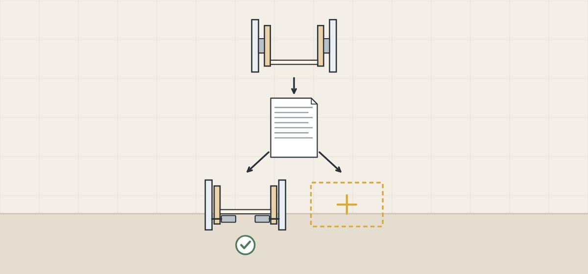 Illustration of a box on side slides, a document and two outcomes: the box on runners with a tick or a new box outline