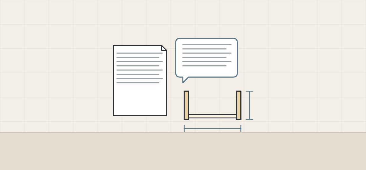 Illustration of a document, a message bubble and a drawer box section with its width and height marked