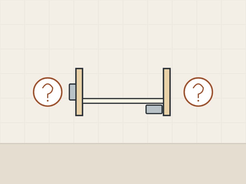 Illustration of a drawer box with a slide on one side and a runner under the other, between two question marks