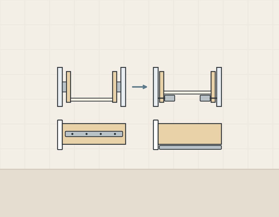 Illustration of a drawer on side slides and a drawer on runners underneath, each in section and from the side