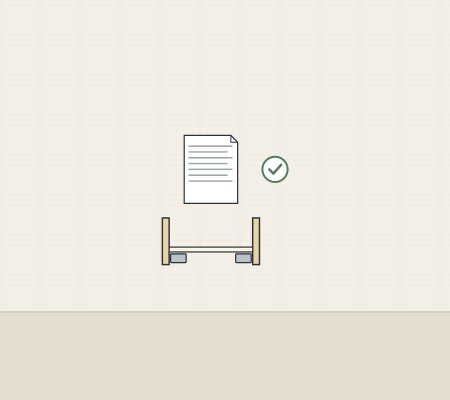 Illustration of a document above a drawer box on runners, with a tick