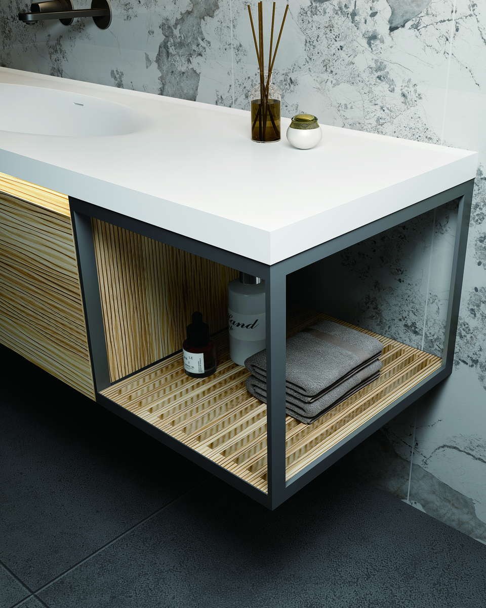 A wall-hung vanity with an open shelf beneath the basin