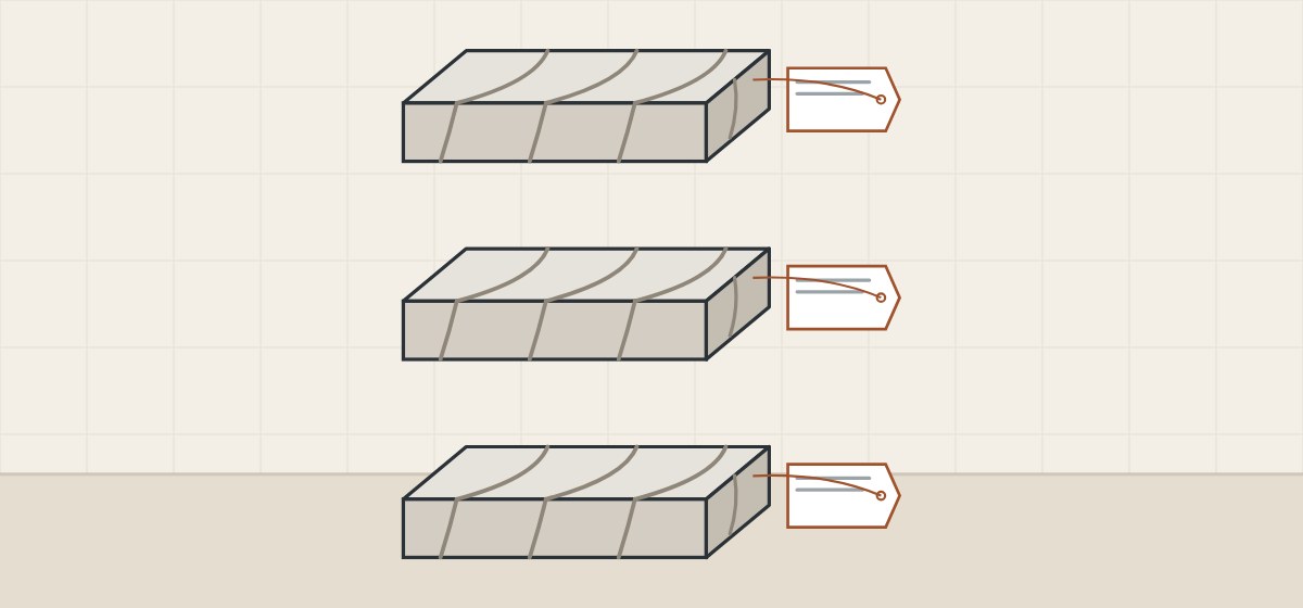 Illustration of three tagged slab samples, each with veins continuing from the face down the cut edge