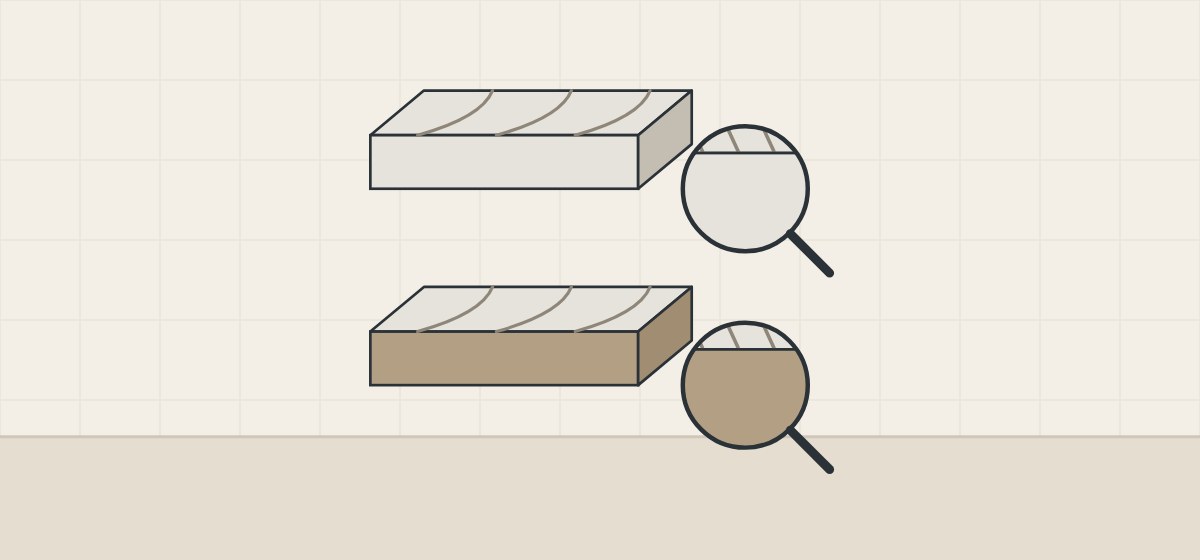 Illustration of two slabs with veins on the face and a plain cut edge, one with a body the color of the face and one with a darker body, each magnified