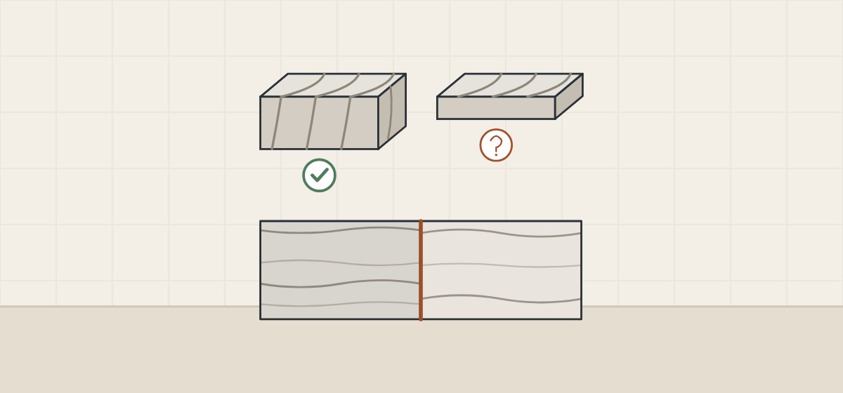 Illustration of a thick slab with a veined edge and a tick, a thinner slab with a plain edge and a question mark, and two pieces of different tone
