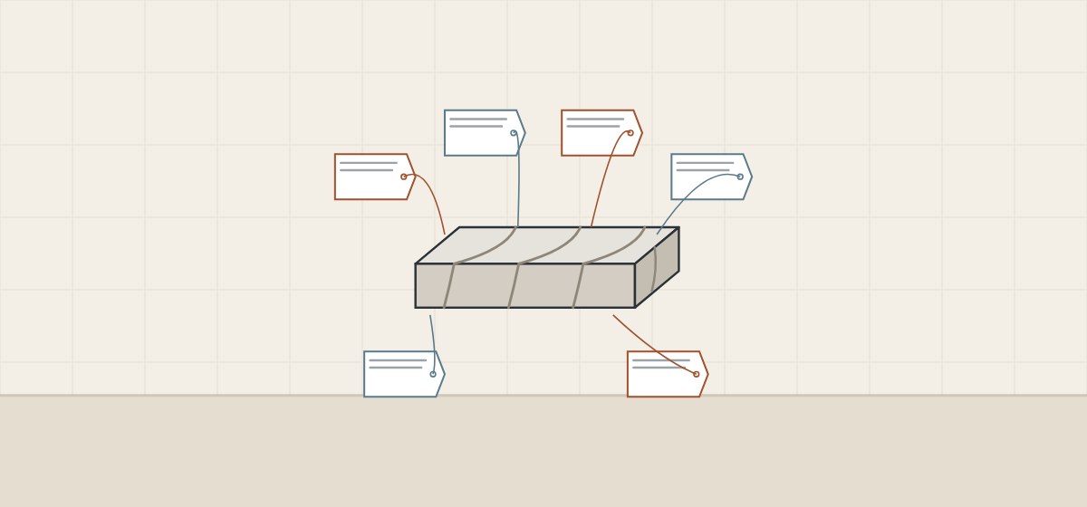 Illustration of one slab with veins on its cut edge carrying six different name tags