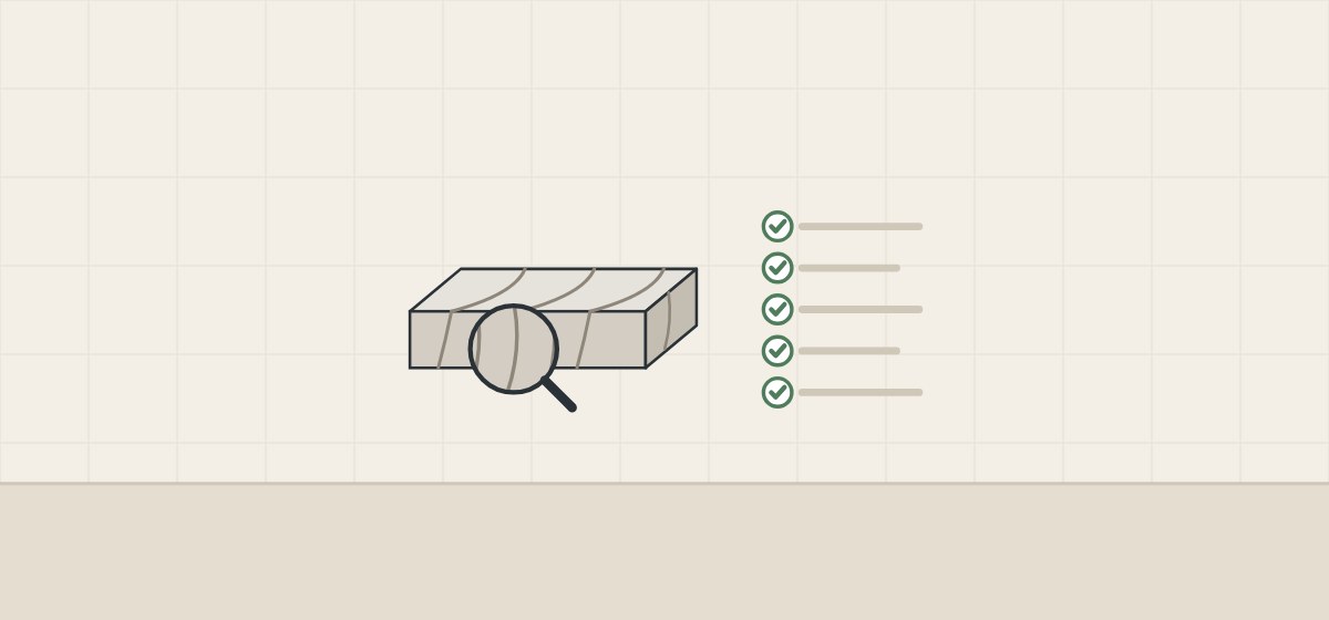 Illustration of a slab sample with a magnifier over its cut edge beside a ticked checklist