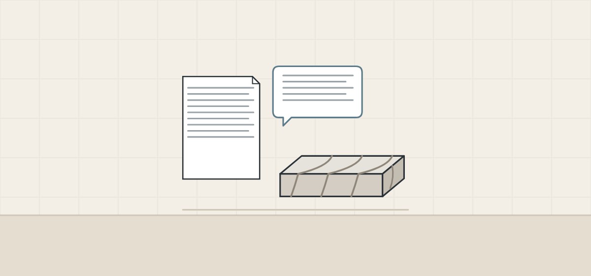 Illustration of a document, a message bubble and a slab sample with veins on its cut edge