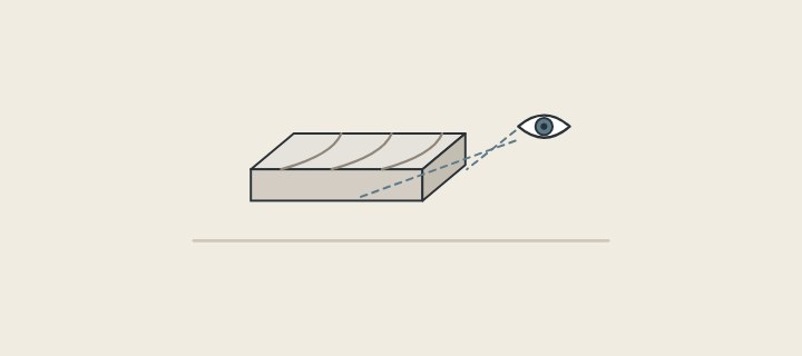 Illustration: a vanity top sample with an eye looking at its front edge and finished end