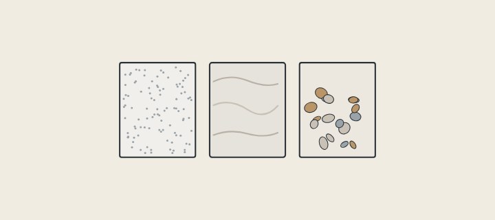 Illustration: three square surface samples, one finely speckled, one veined and one with large chips