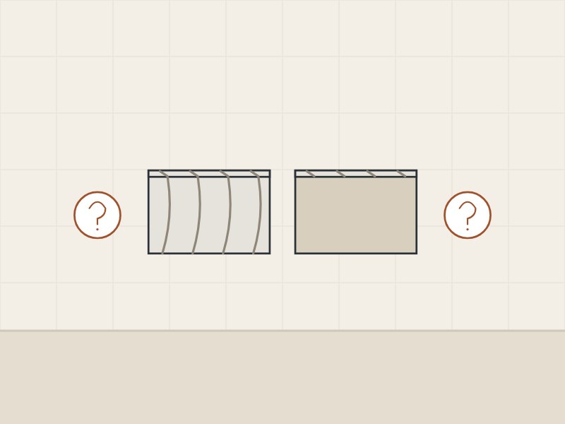 Illustration of two cut sections of a slab, one veined through the body and one plain under a veined face, between two question marks