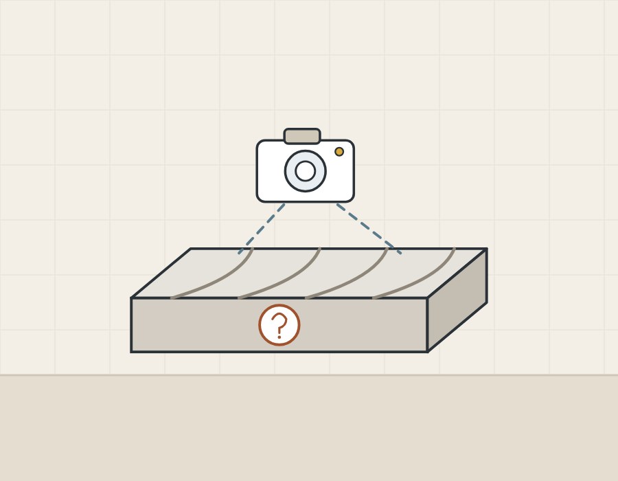 Illustration of a camera looking down at the veined face of a slab whose cut front edge carries a question mark