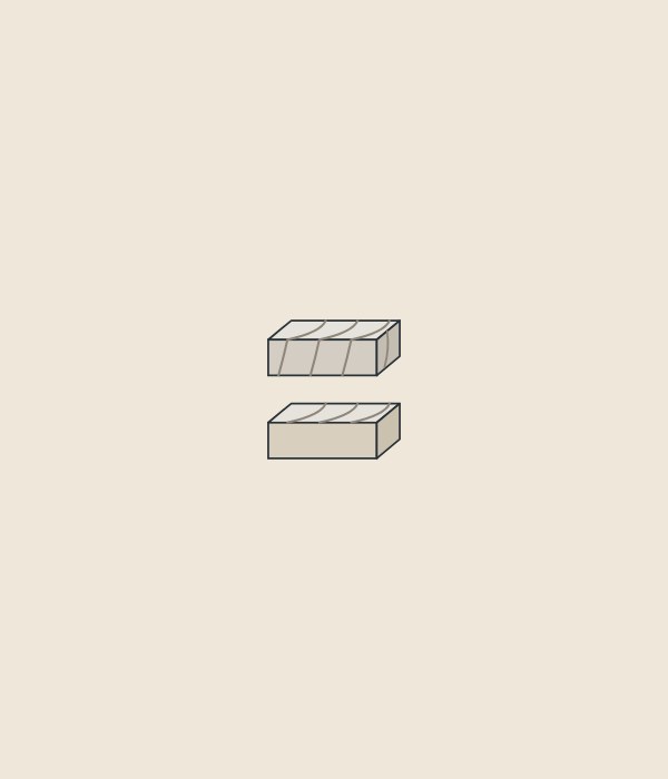 Illustration of two slabs in oblique view, one with veins continuing down the cut edge and one with a plain edge