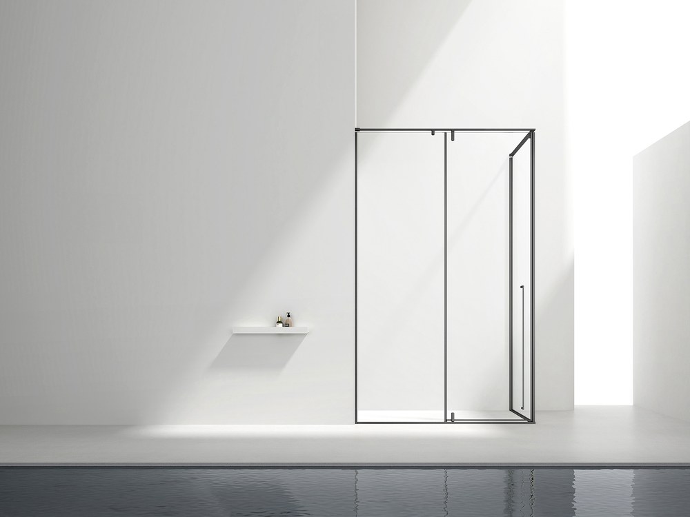 A corner entry shower enclosure
