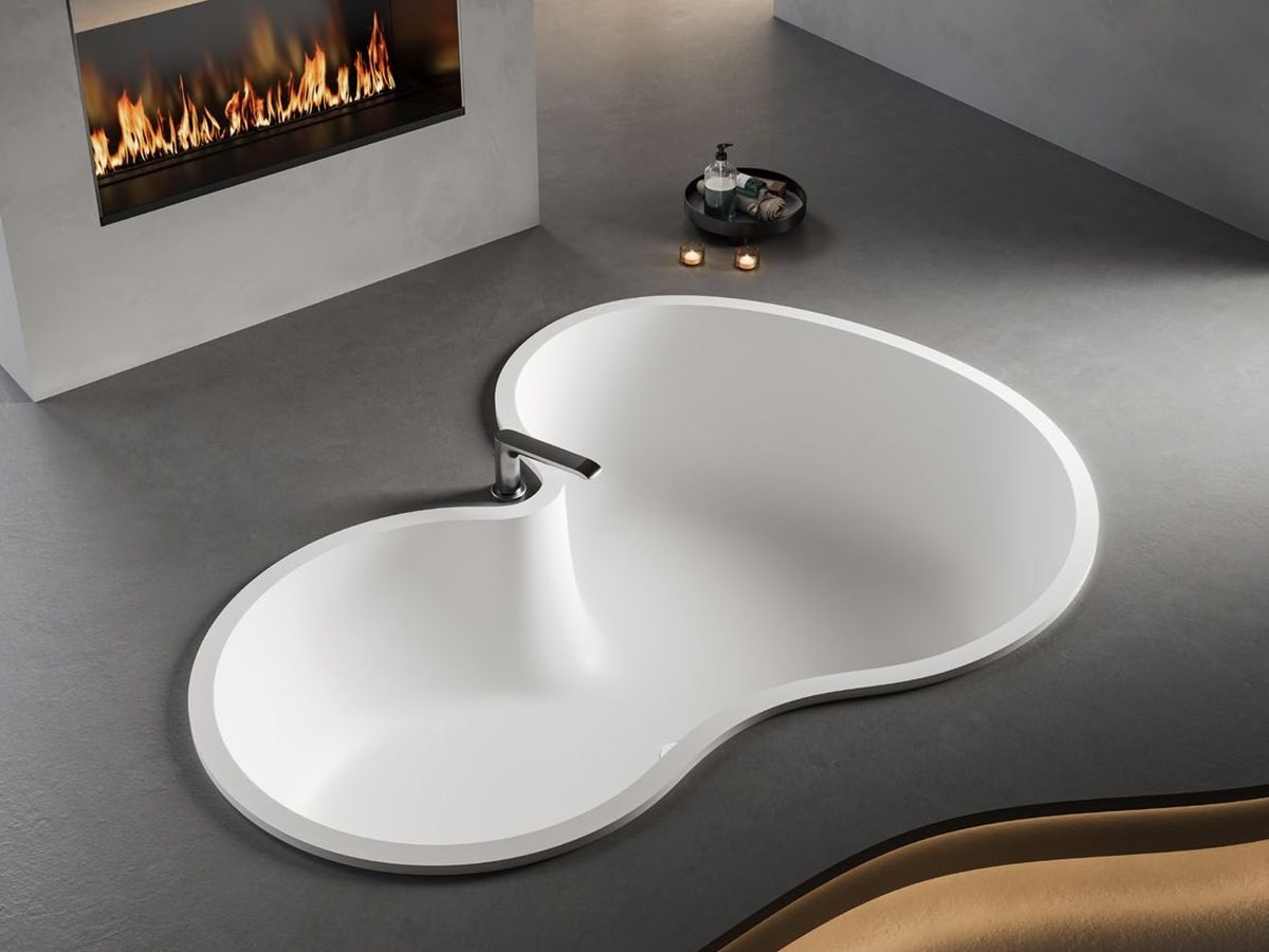 A built-in solid surface bathtub in a villa bathroom