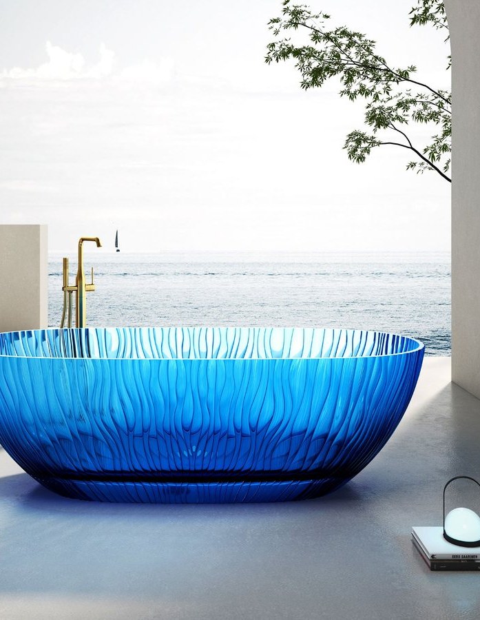 A translucent colored freestanding solid surface bathtub