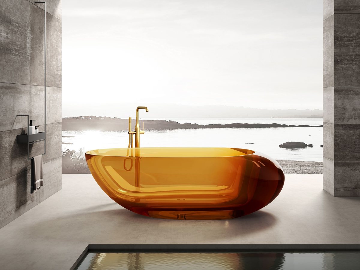 Translucent solid surface bathtub in a spa-style setting