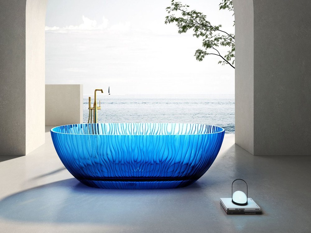 A translucent colored freestanding solid surface bathtub