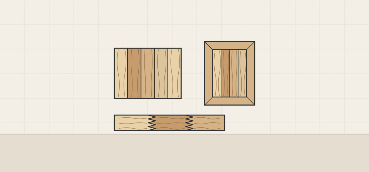 Illustration of a panel of strips glued edge to edge, a finger-jointed length and a frame door with a glued-strip panel