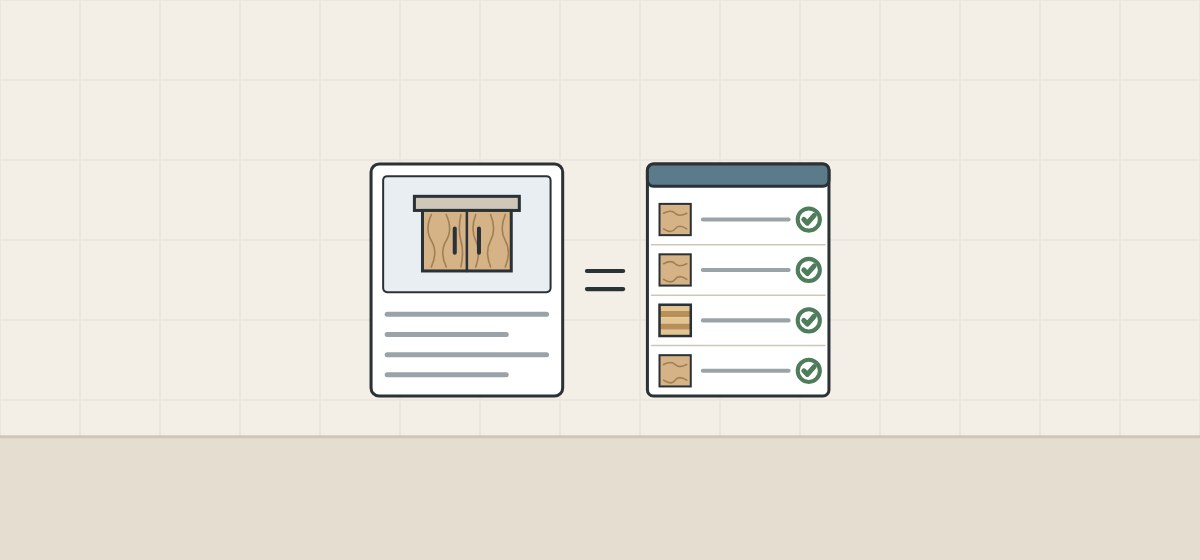 Illustration of a product listing card and a checked part schedule joined by an equals sign