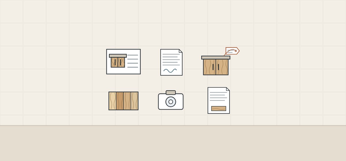 Illustration of six evidence items: drawing, signed document, tagged sample, offcut, camera and purchase record