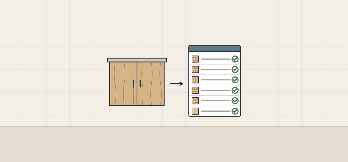 Illustration of a vanity front with an arrow to a part schedule of six checked lines