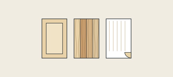 Illustration: a frame-and-panel door, a slab door of glued strips and a flat faced door with one corner showing its core