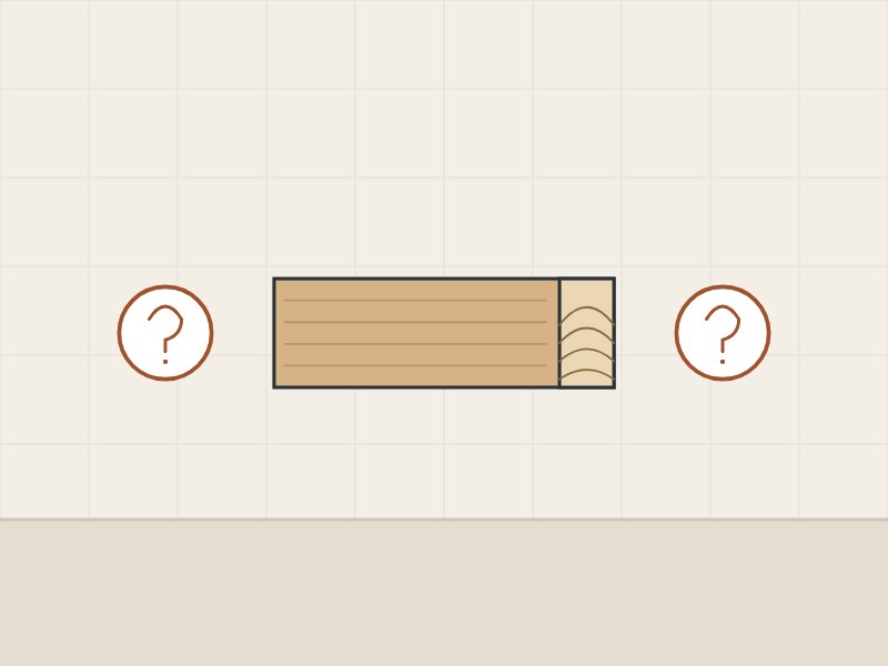 Illustration of a board with its end grain showing between two question marks