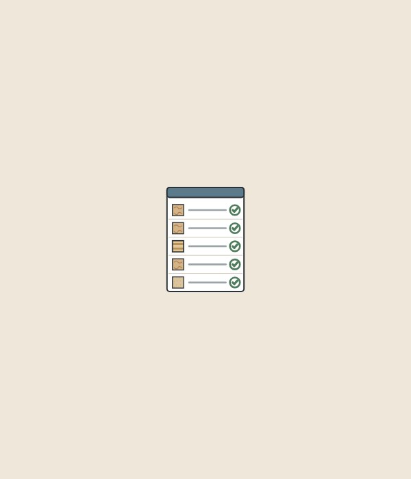 Illustration of a part schedule with five lines, each with a material swatch and a check mark