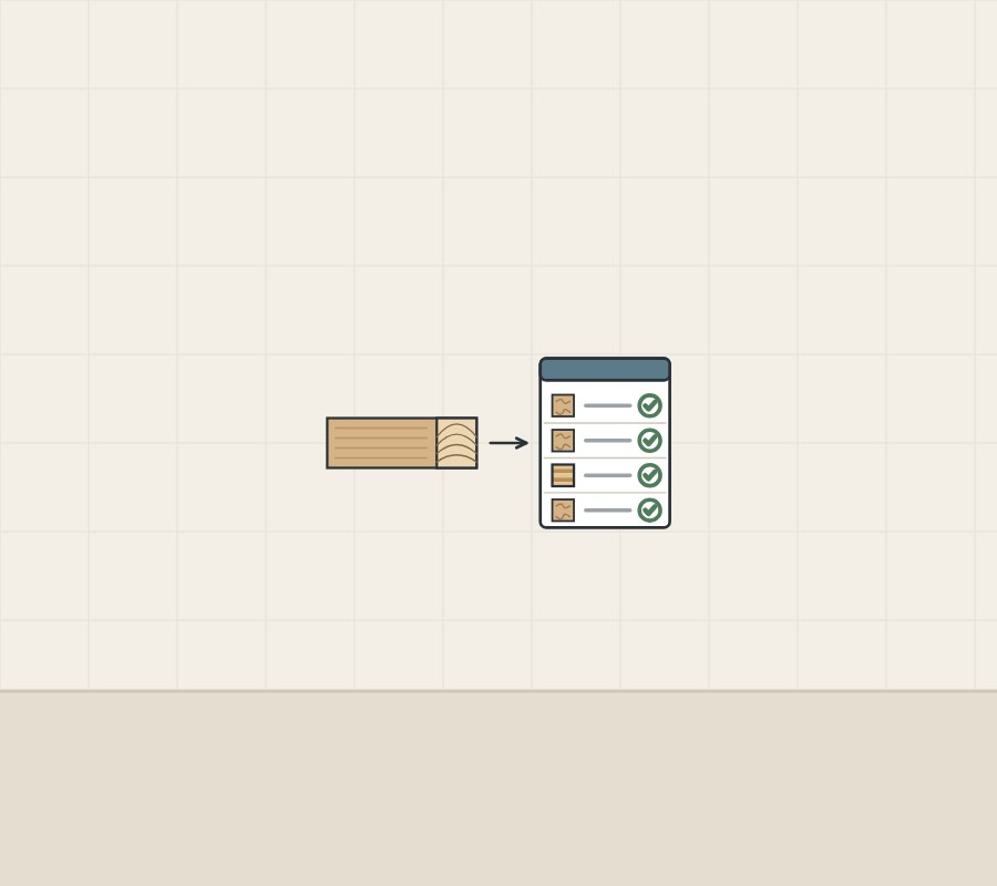 Illustration of a board with an arrow to a part schedule of four checked lines
