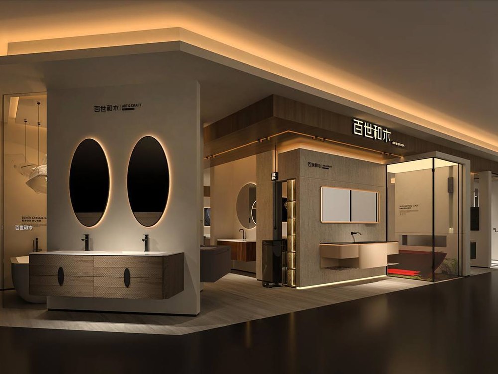 A showroom interior with lit oval mirrors above vanities