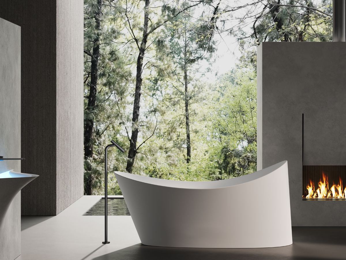 Freestanding solid surface bathtub in a residence